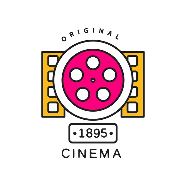 Logo-sjabloon, bioscoop of film. Film industrie label concept met grote retro reel en filmstroken. Platte lijn pictogram vectorillustratie. — Stockvector