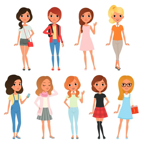 Verzameling van cute tiener meisjes gekleed in stijlvolle kleding. Vrouwelijke personages poseren met vrolijk gezicht expressies. Cartoon platte vector design — Stockvector