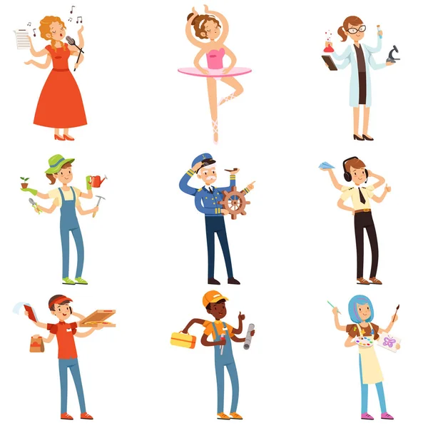 Multitasking people set with many hands. Workers of different professions. Flat worker characters with tools and equipment. Vector — Stock Vector