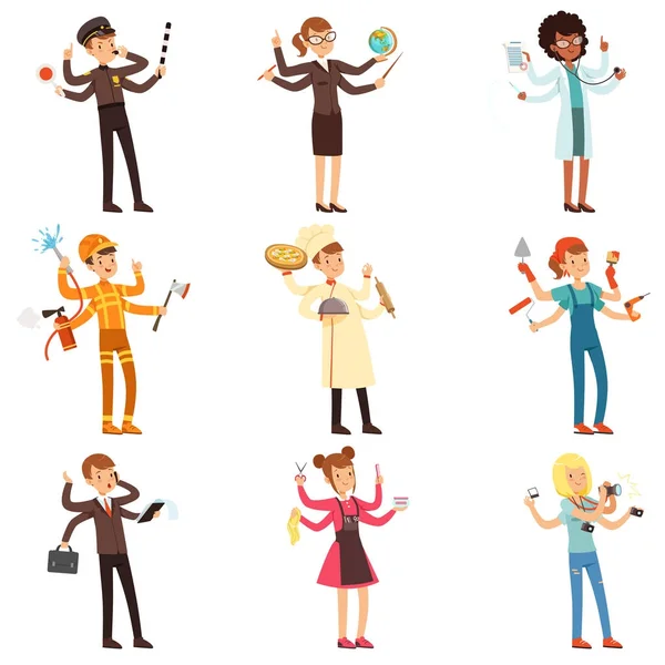Set di personaggi multitasking piatto cartone animato. Uomini e donne con molte mani. Persone di professioni diverse. Collezione vettoriale — Vettoriale Stock