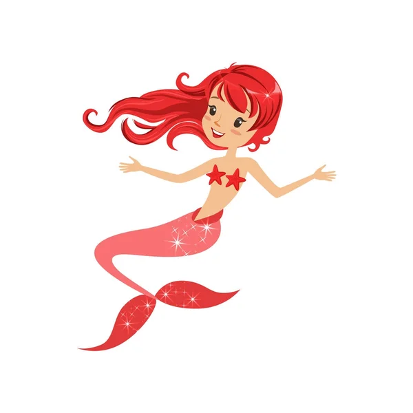 Chica sirena con pelo rojo largo y cola de pescado brillante. Criatura marina mítica. Personaje de dibujos animados en estilo plano. Vida submarina. Impresión vectorial o postal — Archivo Imágenes Vectoriales