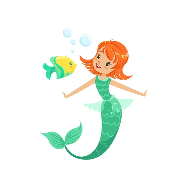 Lachende zeemeermin onderwater zwemmen met visje. Fairytale roodharige mariene prinses met staart. Geïsoleerde platte vectorillustratie — Stockvector