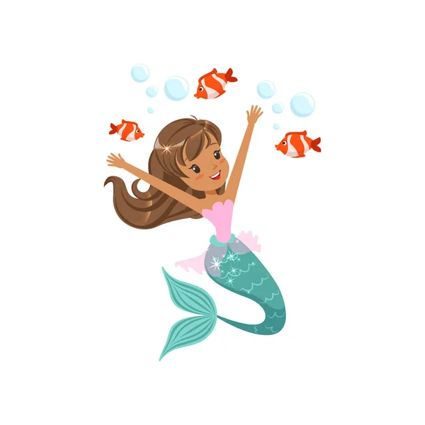 Feliz sirena nadando bajo el agua con pececitos. Criatura marina ficticia. Concepto de vida marina y oceánica. Ilustración de vectores planos aislados — Vector de stock