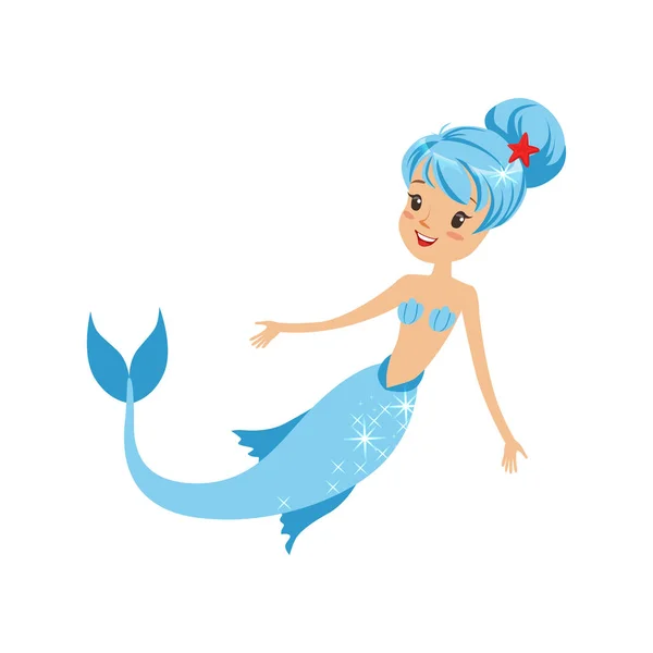 Zeemeermin meisje met een blij gezicht expressie, blauwe haar en vis staart zwemmen. Cartoon fantastische schepsel van de onderwaterwereld. Platte vector illustratie sticker, afdrukken of briefkaart — Stockvector