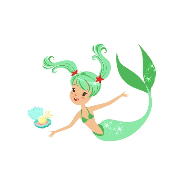 Illustration of green-haired mermaid girl and shell with pearl. Cartoon mythical marine creature with fish tail. Sea and ocean life concept. Flat vector design — Stock Vector