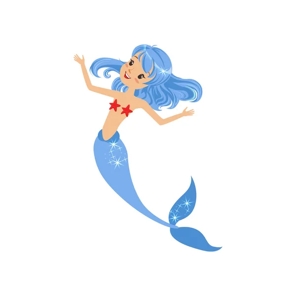 Feliz sirena con pelo azul, cola de pez y sujetador de concha roja. Dibujos animados mítica criatura marina nadando bajo el agua. Vector plano aislado — Archivo Imágenes Vectoriales