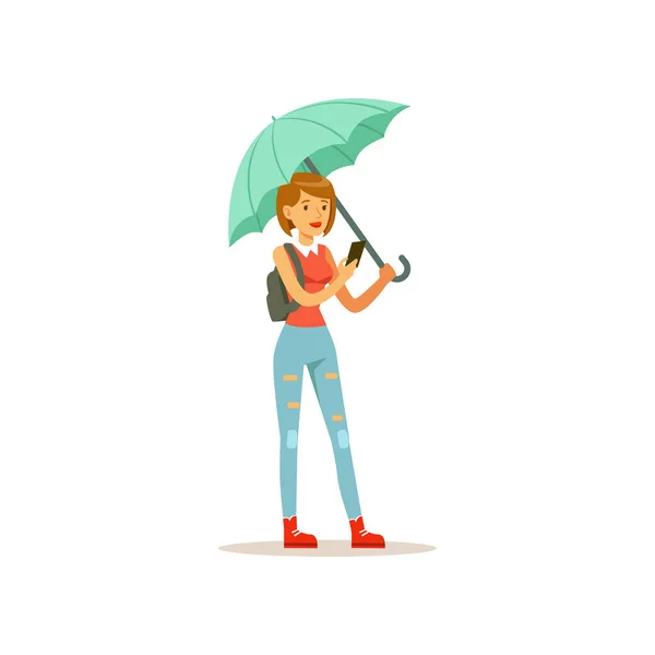 Beautiful woman with phone standing under turquoise umbrella flat vector illustration — Stock Vector