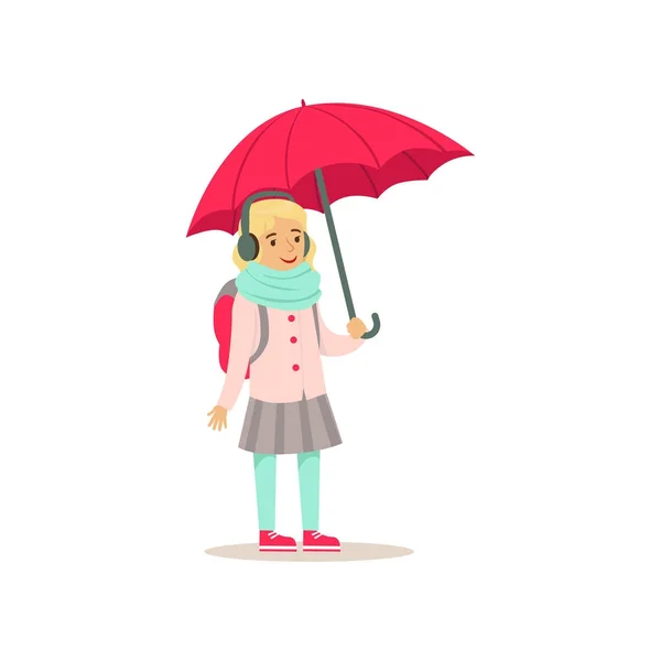 Mooie school meisje met rugzak staande met roze paraplu platte vectorillustratie — Stockvector