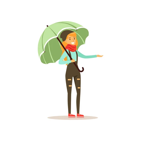 Beautiful woman wearing warm clothes standing under umbrella flat vector illustration — Stock Vector