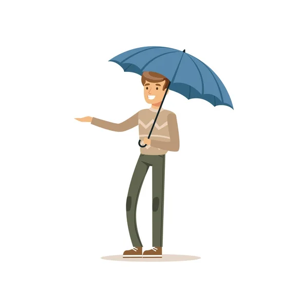 Man standing under blue umbrella flat vector illustration — Stock Vector