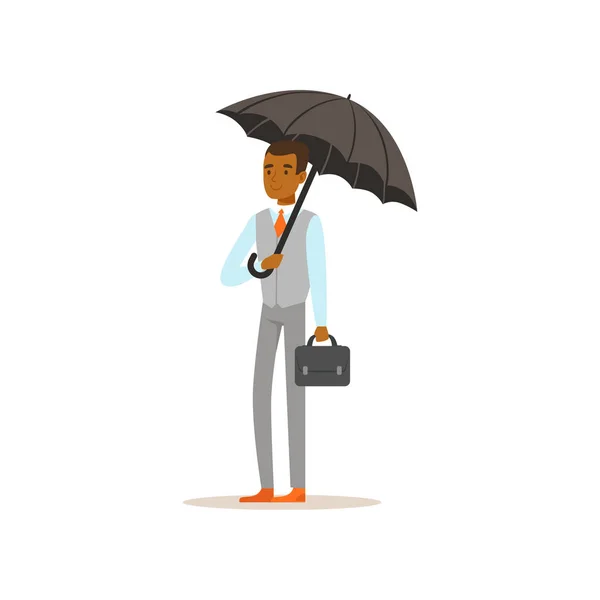 African american businessman standing with open black umbrella — Stock Vector