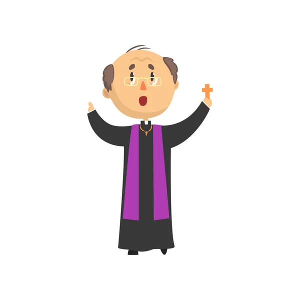 Sacerdote carácter bendiciendo a la gente con cruz, predicador católico, ilustración vectorial de dibujos animados padre santo — Vector de stock