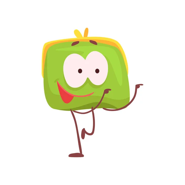 Симпатичный смешной счастливый персонаж кошелек, зеленый гуманизированный мешок векторной иллюстрации — стоковый вектор