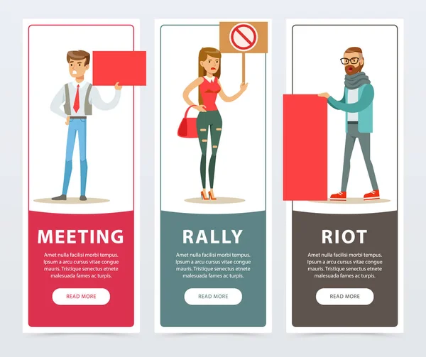 Meeting, rally, riot banners set, people with picket signs protesting and expressing demands flat vector elements for website or mobile app — Stock Vector