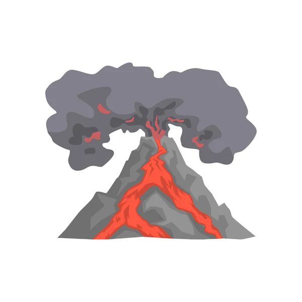 Eruzione vulcanica, lava che scorre lungo la montagna, vulcano con vettore nube di polvere Illustrazione — Vettoriale Stock