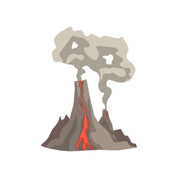 用岩浆、热熔岩和尘埃云矢量图发射火山山 — 图库矢量图片