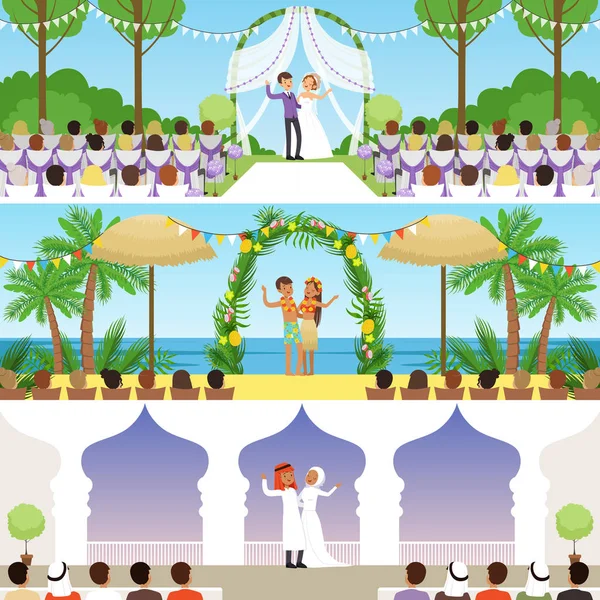 Different wedding ceremonies set, traditional, exotic tropical beach and muslim weddings vector Illustrations — Stock Vector