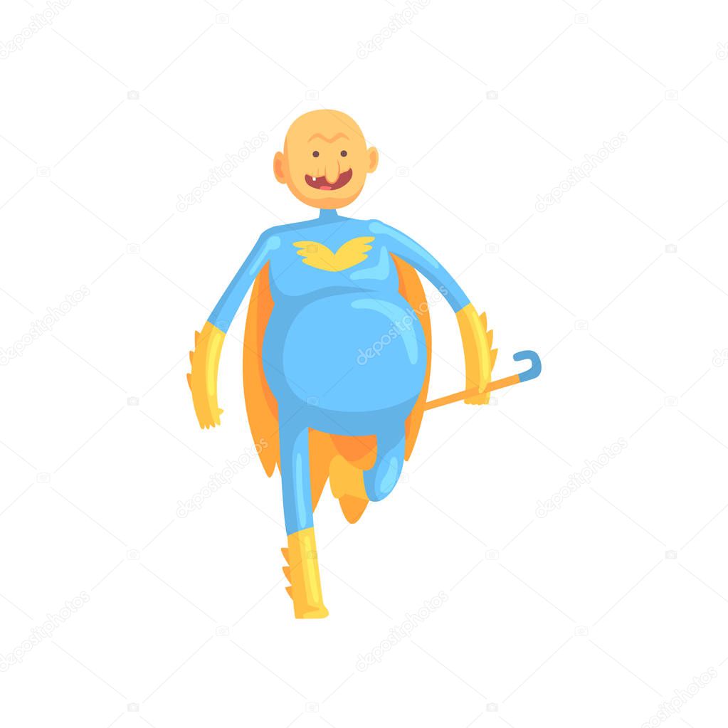 Cheerful grandfather with stick in hand dressed in classic superhero suit with yellow mantle. Toothless old man character with bald head. Isolated flat vector