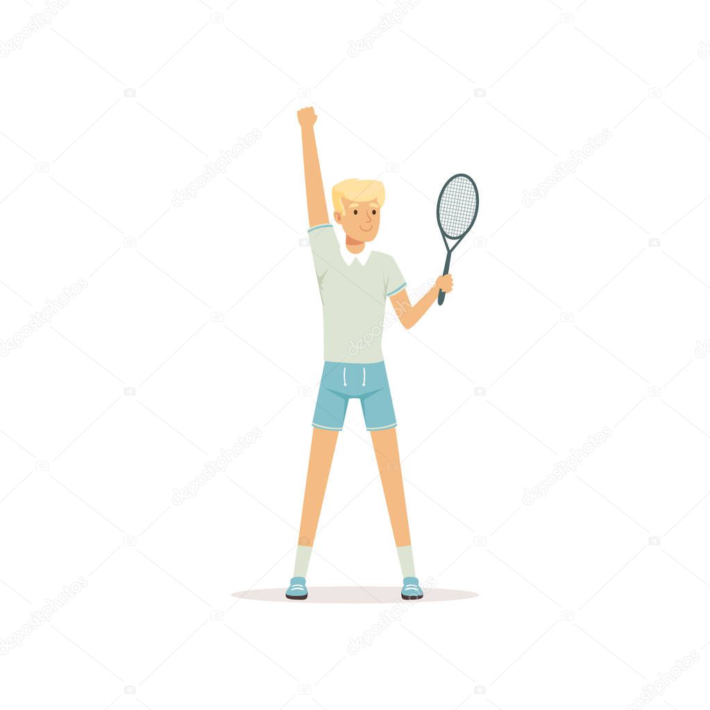 Young tennis player standing with racket in hand. Cartoon man character. Summer sport. Isolated flat vector illustration