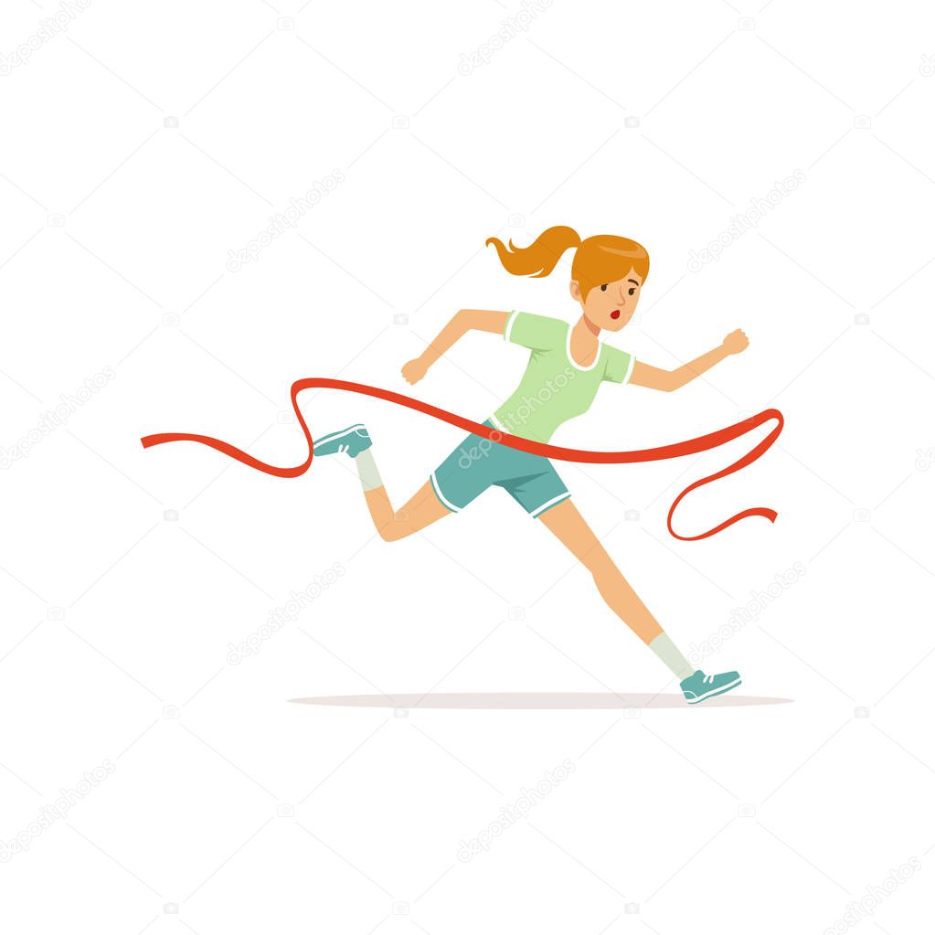 Female athlete taking part in running marathon. Woman character cross finish line. Girl runner in shorts and t-shirt. Isolated flat vector