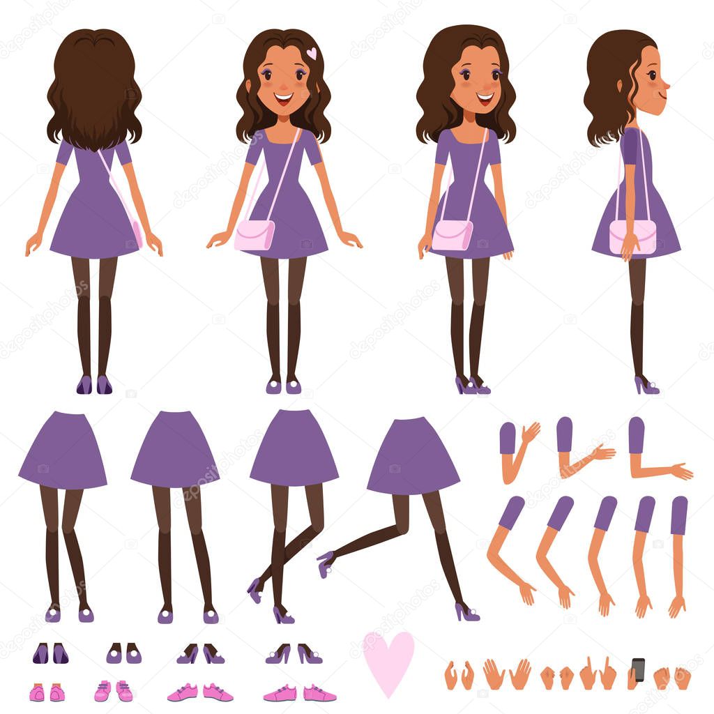 Pretty girl in dress with small handbag for animation. Constructor with various views front, side, back. Flat character creation set