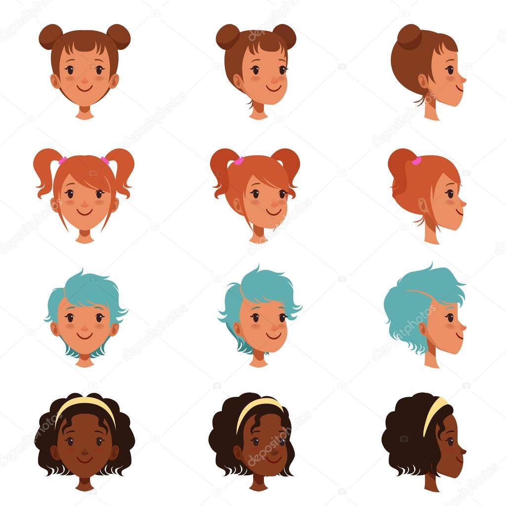 Avatars of female faces with different haircuts and hairstyles. Front and side view. Isolated flat vector illustration