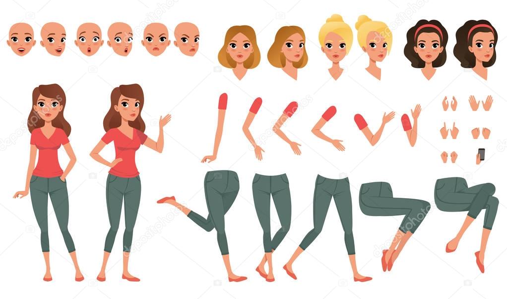 Pretty young woman constructor in flat style. Parts of body legs and arms , face emotions, haircuts and hands gestures. Vector cartoon girl character