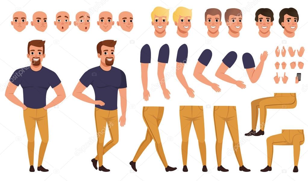 Handsome man creation set with various views, poses, face emotions, haircuts and hands gestures. Cartoon male character constructor. Isolated flat vector