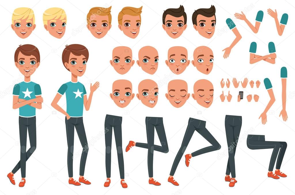 Young man character constructor with body parts legs, arms, hand gestures. Angry, dissatisfied, surprised and calm face expression. Full length boy. Stylish hairstyles. Flat vector