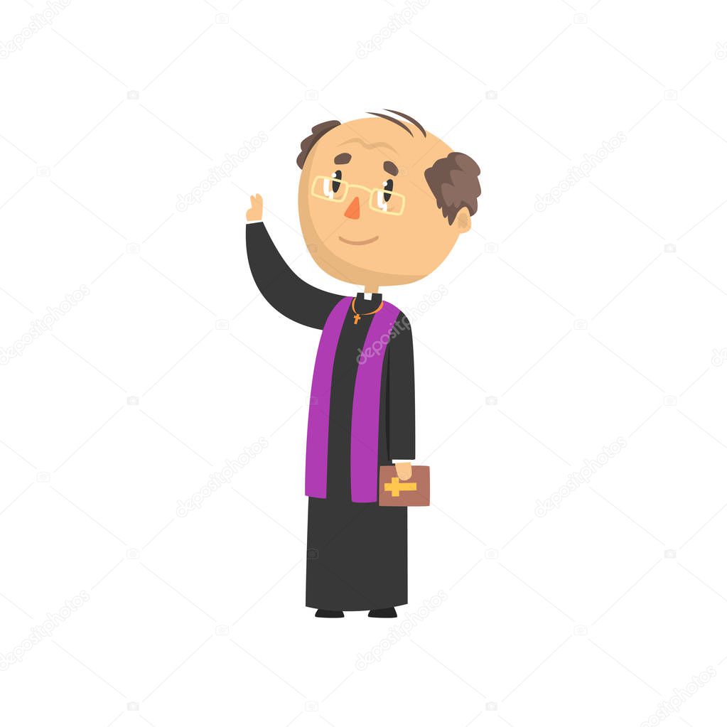 Mature priest character blessing people, catholic preacher, holy father in robe cartoon vector illustration