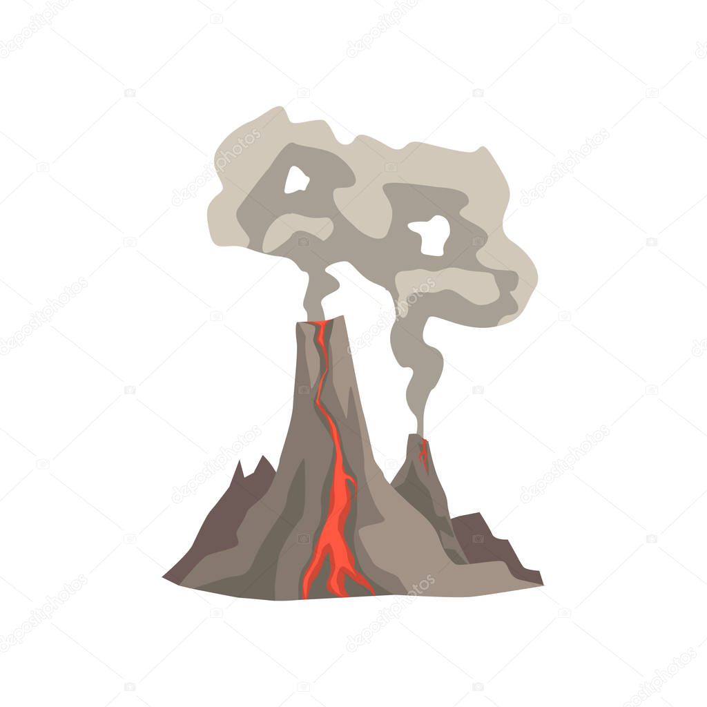 Fired up volcanic mountain with magma, hot lava and dust cloud vector Illustration