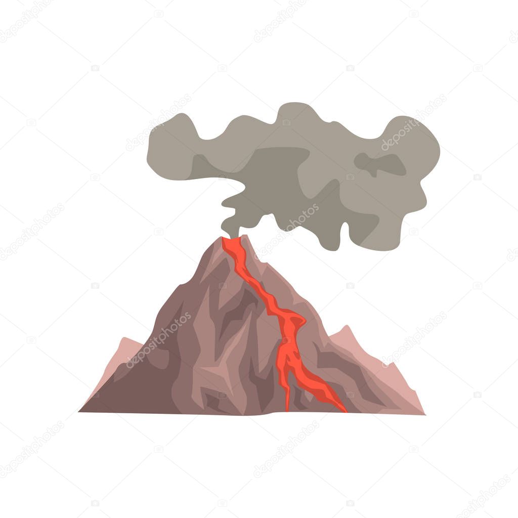 Fired up volcanic mountain with magma, hot lava and dust cloud vector Illustration