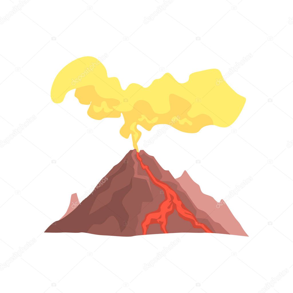 Volcanic mountain with magma, hot lava and dust cloud vector Illustration