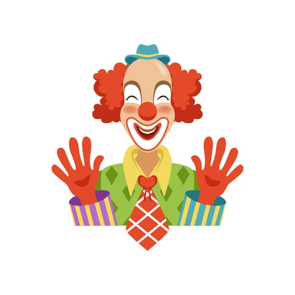 Grappige circus clown in traditionele make-up zijn handen, de tekenfilm vriendelijke clown in klassieke outfit vector illustratie tonen — Stockvector