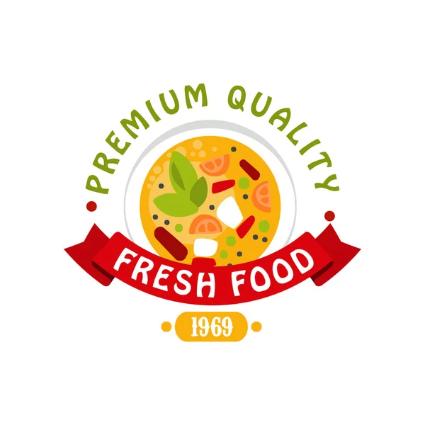 Calidad premium 1969, plantilla de logotipo de alimentos frescos, insignia para alimentos saludables, productos frescos, mercado de agricultores, restaurante, cafetería, embalaje vector colorido Ilustración — Archivo Imágenes Vectoriales