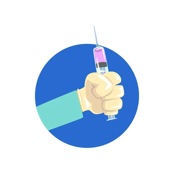 Hand met spuit, symbool van het beroep van een arts cartoon vector illustratie — Stockvector