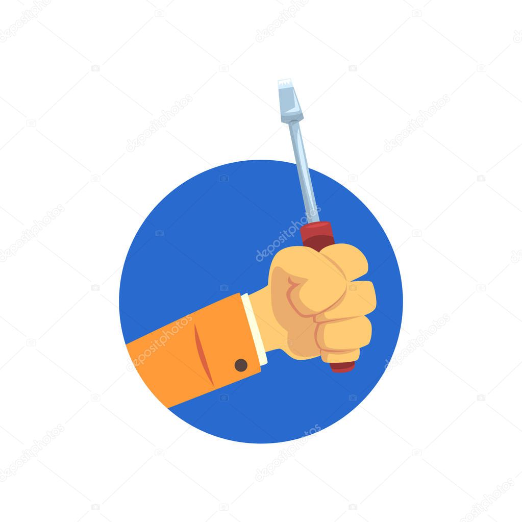 Hand holding screwdriver, technical service, repairs and and other mechanical processes cartoon vector Illustration