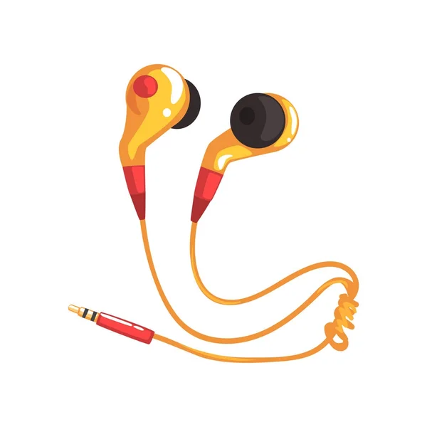 Yellow earphones or earbuds, music technology accessory cartoon vector Illustration — Stock Vector