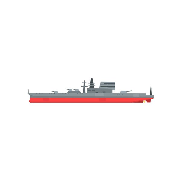 Colored icon of large military tanker. Ship with naval artillery. Combat boat. Flat vector illustration. Graphic design element for mobile game