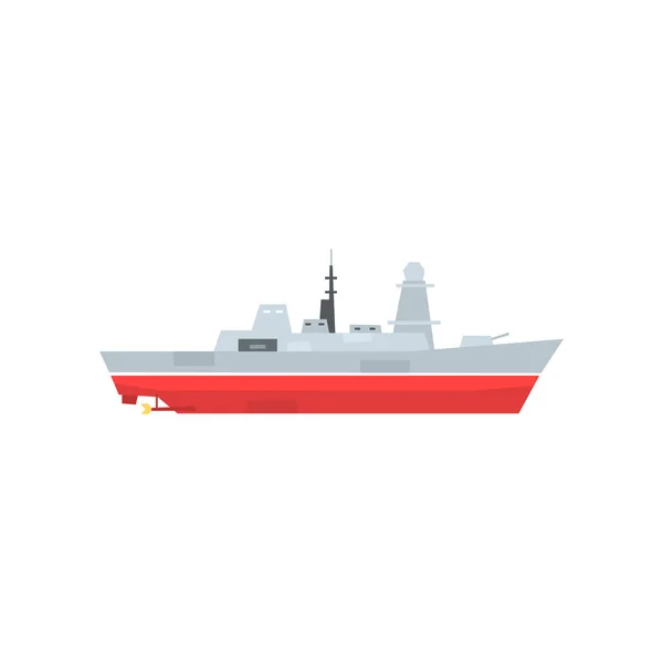 Nave armada naval con radar y antena. Barco militar con cañón grande. Gran nave del ejército. Vista lateral. Diseño de vectores planos para pegatina, cartel, aplicación móvil — Vector de stock