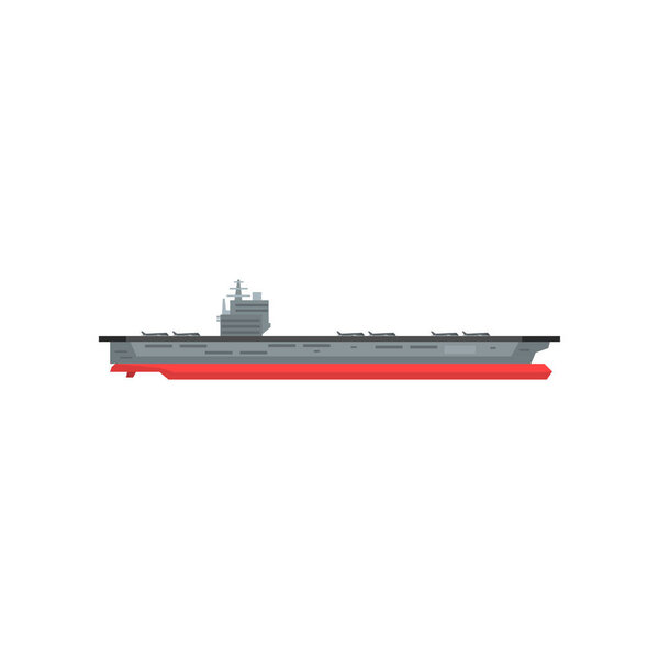Large cartoon aircraft carrier with military planes on board. Marine vessel. Graphic design element for sticker, mobile or computer game. Flat vector illustration