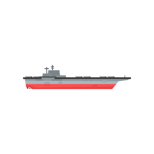 Icon of aircraft carrier with airplanes. Waterborne military vessels. Naval aviation. Flat vector element for website, mobile game or infographic