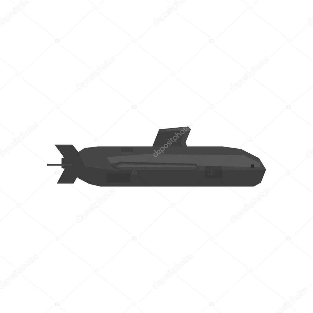 Big military submarine icon. Underwater transport. Vessel of maritime force. Graphic design element for logo, poster or mobile game. Flat vector design