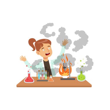 Sonra bir başarısız deney, karışım patlama, kimya ders vektör çizim SchoolgirlAdultMovieFilm.comde kız bilim adamı