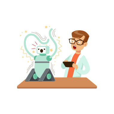 Robot, bilim araştırma vektör çizim yaparken okul çocuğu ile başarısız bir deneme sonra çocuk