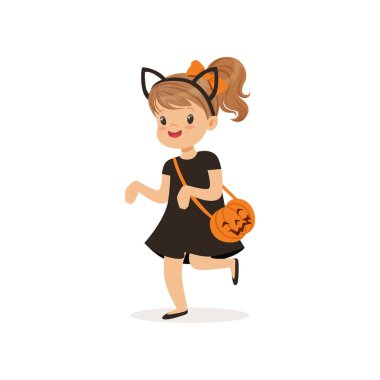 Küçük kız giyinmiş siyah bir kedi, şirin çocuk halloween kostüm illüstrasyon vektör