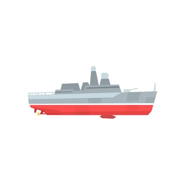 Cartoon military tanker. Navy warship with radars and cannon. Colored boat icon. Flat vector design Graphic element for website, mobile game, infographic — Stock Vector