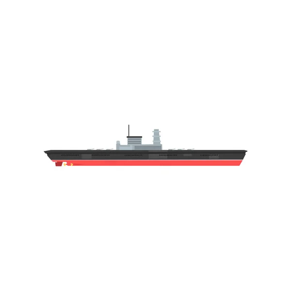 Armed military boat with radar and lot of cannons. Cartoon icon of warship. Large ship with weapons. Hi-speed water vessel. Flat vector design for poster, website, mobile app — Stock Vector