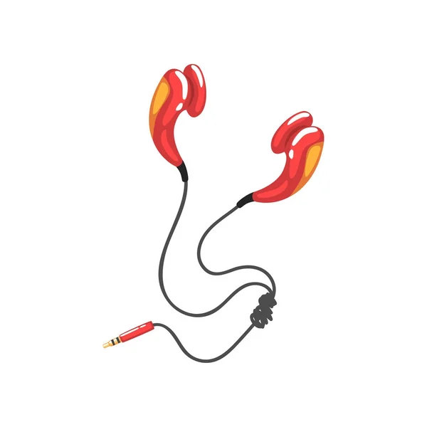 Red corded earphones, music technology accessory cartoon vector Illustration — Stock Vector