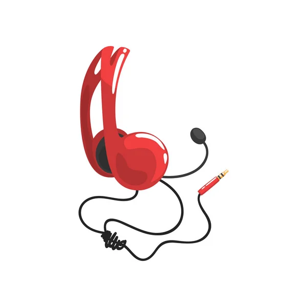 Rode hoofdtelefoon met microfoon en adapter koord, muziek technologie accessoire cartoon vector illustratie — Stockvector